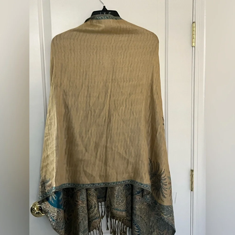 Elegant Tan and Blue Paisley lightweight Shawl one size